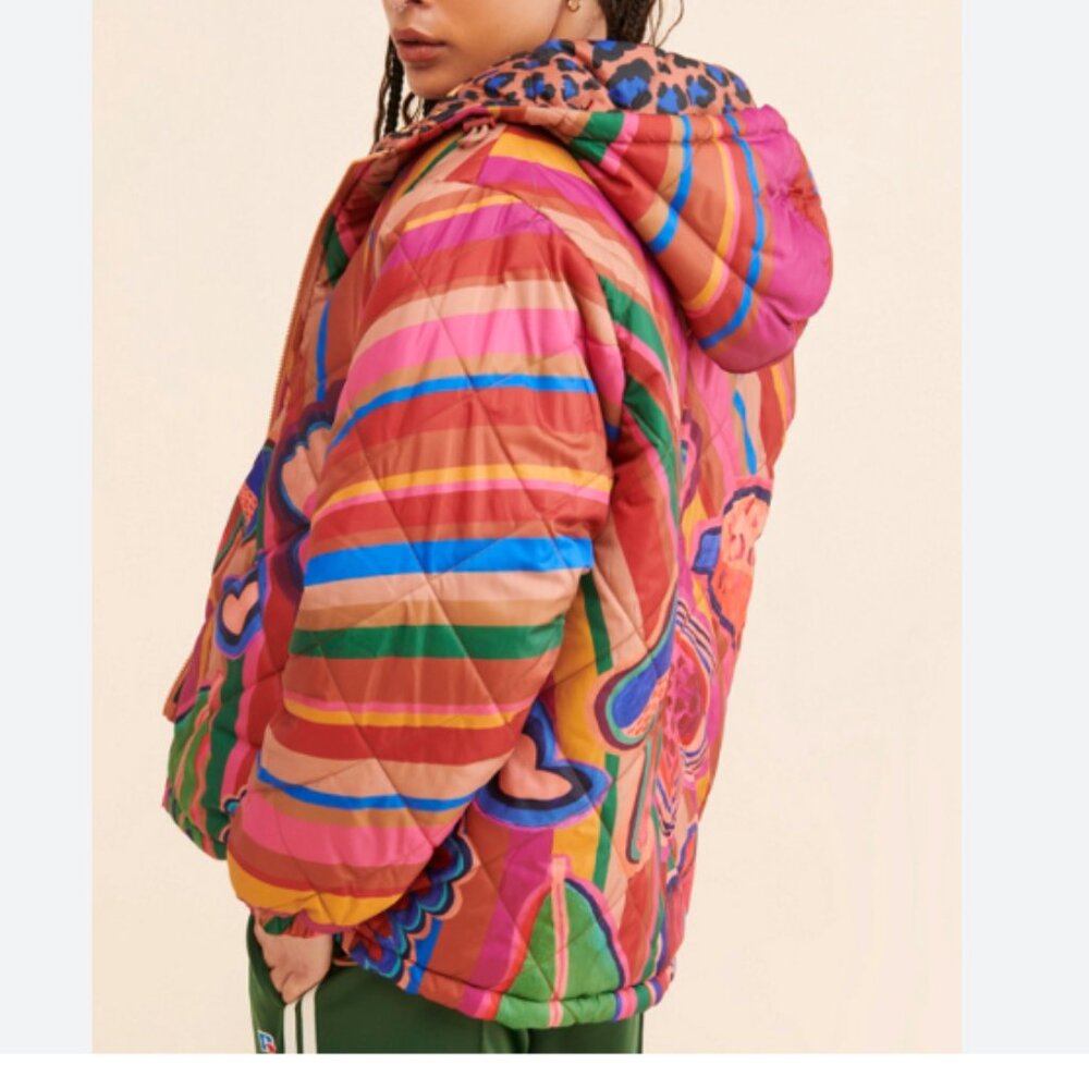FARM Rio Reversible Hooded Puffer Coat Animal Print Dopamine Tropical